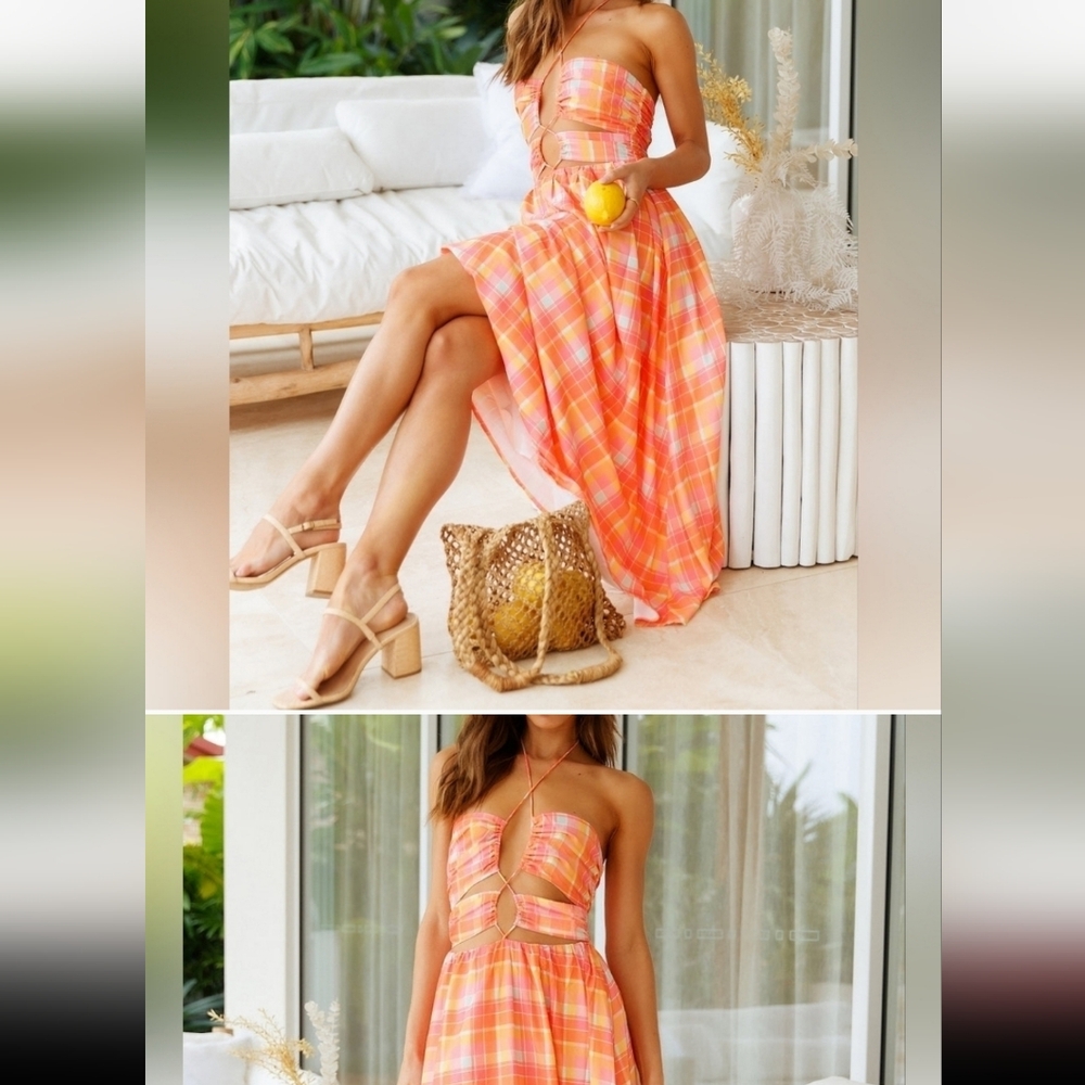 Seven Wonders Australian Brand Avena Midi Orange Check Casual Dress Size  Small.